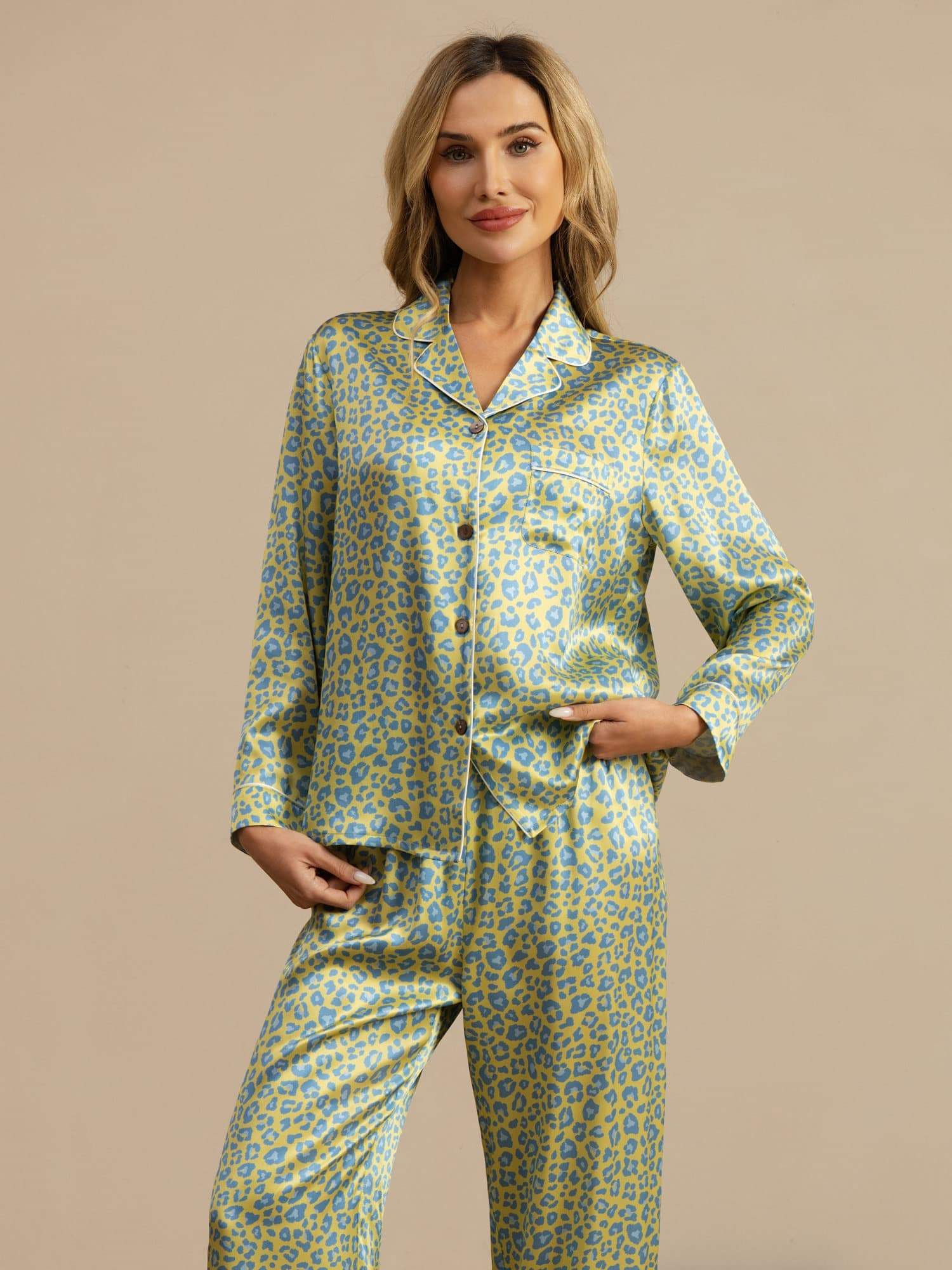 [Groene Luipaard] SilkSilky-NL 19Momme Lange Mouw Notchkraag Dames Pyjama Set 003