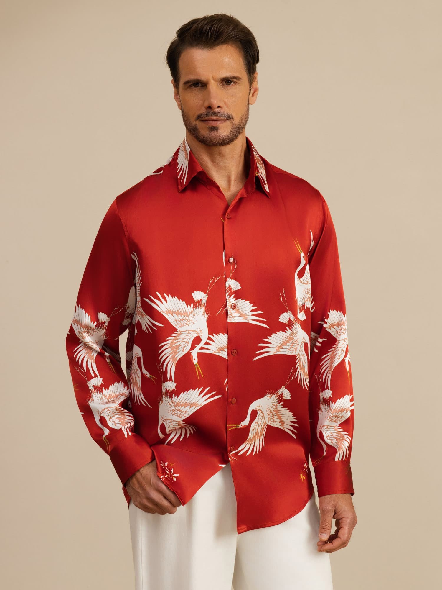 [Wijn] SilkSilky-NL 19Momme Lange Mouw Reverskraag Heren Shirt 001