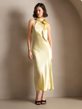 [Lichtgeel] SilkSilky-NL 19Momme Stretch Silk Charmeuse Sleeveless Tie Neck Jurk 001