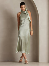 [Lichtgroene] SilkSilky-NL 19Momme Stretch Silk Charmeuse Sleeveless Tie Neck Jurk 007