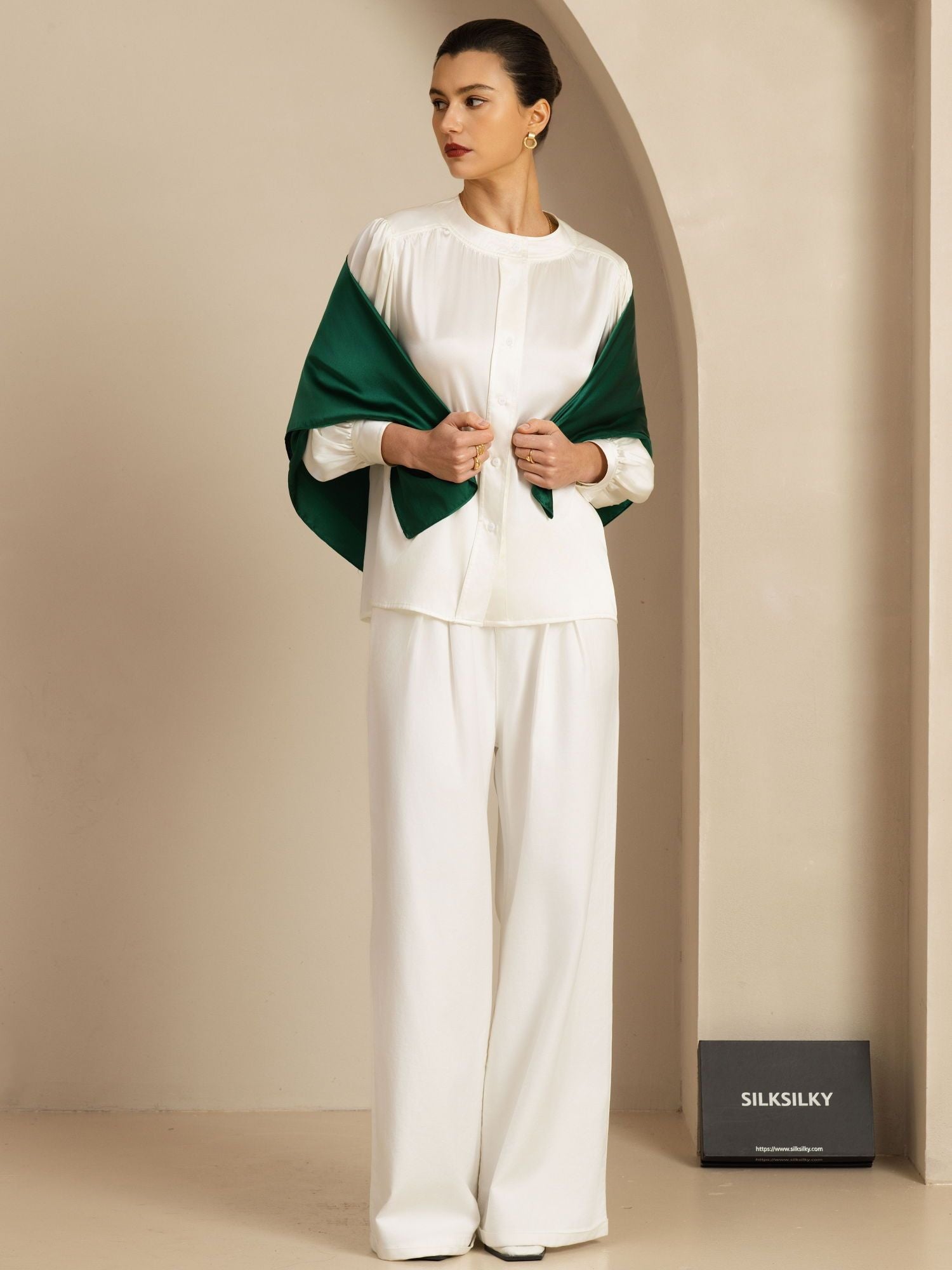 [Donkergroen] SilkSilky-NL Pure Silk Scarf 003