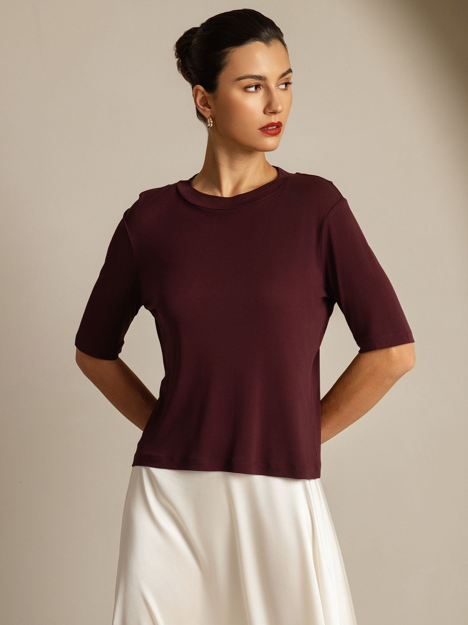 [Windsorwijn] SilkSilky-NL Zijde Ronde Hals Dames T-Shirt 001