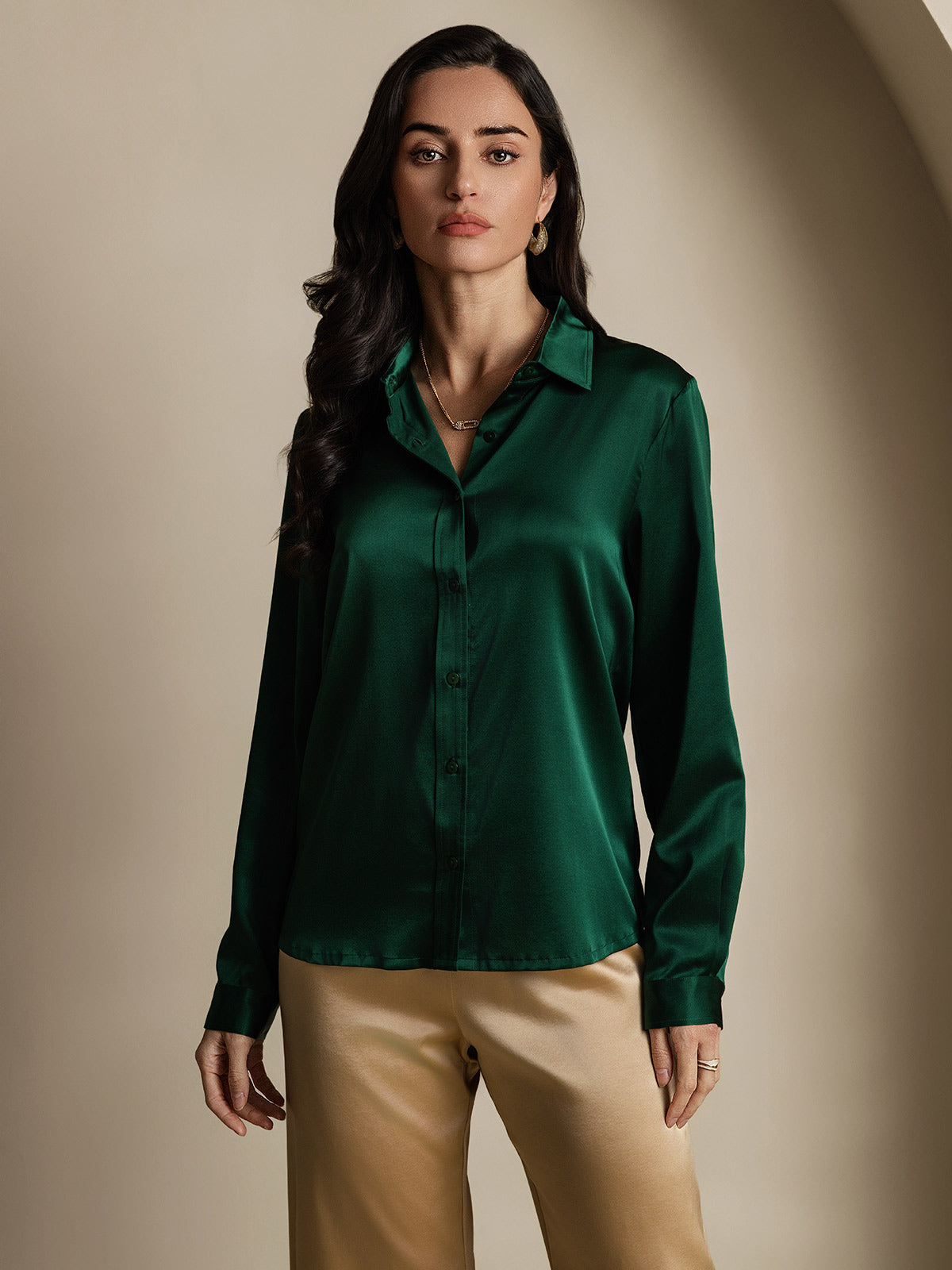 SilkSilky-NL 19Momme Zijde Lange Mouw Kraag Dames Blouse Donkergroen 004