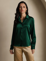 [Donkergroen] SilkSilky-NL 19Momme Lange Mouw Reverskraag Dames Blouse 004