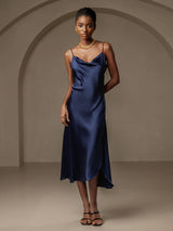 [Donkerblauw] SilkSilky-NL Spaghetti Bandjes Waterval Hals Jurk 001