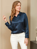 SilkSilky-NL Zijde Lange Mouw Kraag Dames Blouse Donkerblauw 005