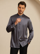 [Donkergrijs] SilkSilky-NL Long Sleeve Stand Collar Heren Shirt 004