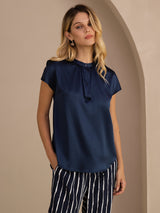 [Donkerblauw] SilkSilky-NL Short Sleeve Split Blouse 001