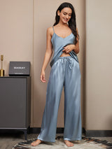 [Grijsachtig Blauw] SilkSilky-NL Spaghetti Bandjes V Hals Cami-Set 003