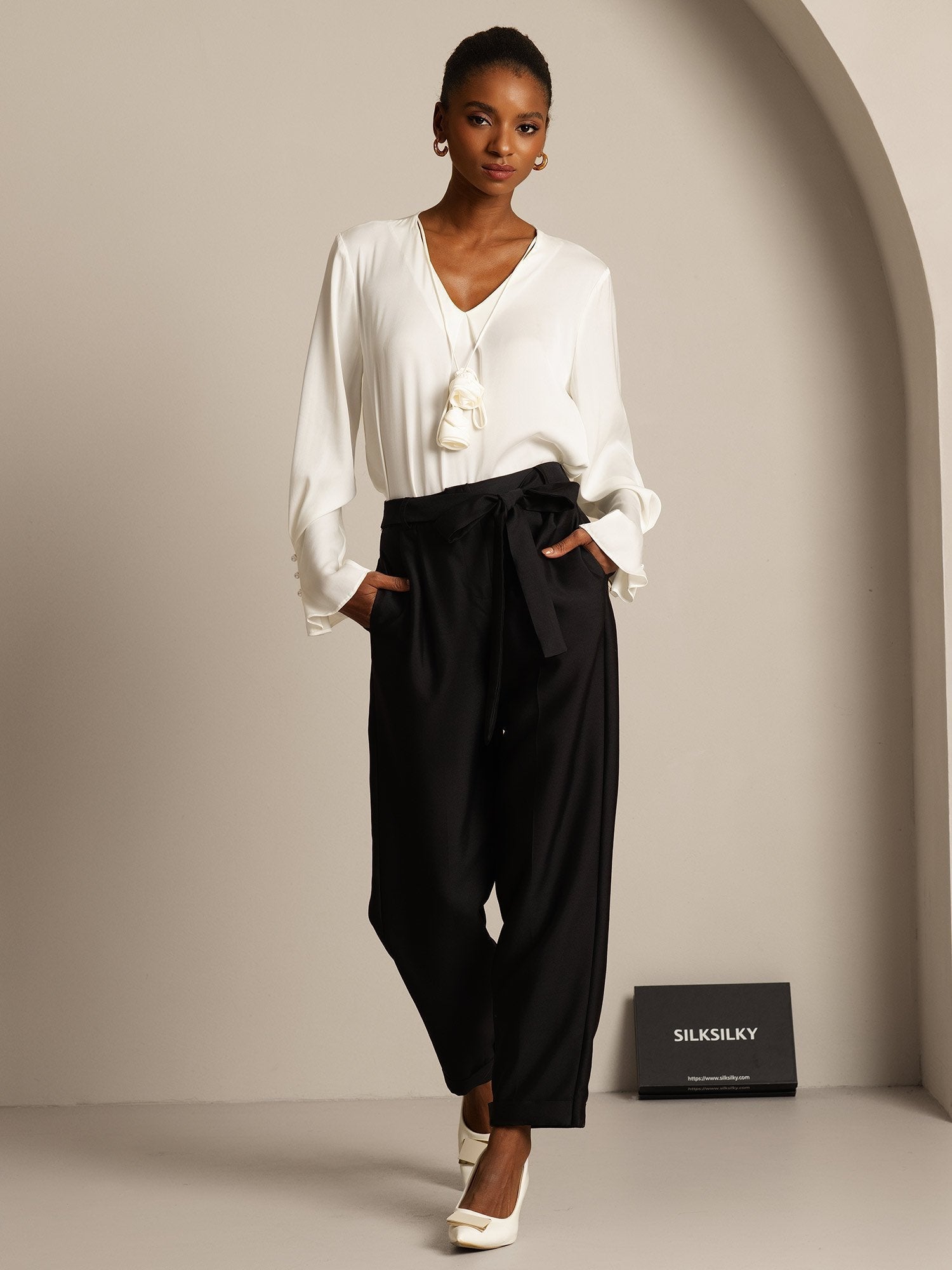 [Zwart] SilkSilky-NL 32Momme Silk-Wool Blend Womens Pants 003,