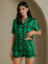 [Groen Geruit] SilkSilky-NL Short Sleeve Notch Collar Dames Pyjama Set 004