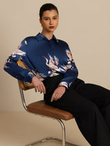 [Donkerblauw] SilkSilky-NL Long Sleeve Lapel Collar Dames Blouse 005