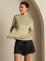 [Gedroogd Kruiden] SilkSilky-NL 100% Silk Jersey Short Sleeve Mock Neck Dames T-Shirt 003