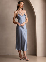 [Grijsachtig Blauw] SilkSilky-NL Spaghetti Strap V Neck Jurk 004