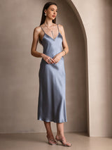 [Grijsachtig Blauw] SilkSilky-NL Spaghetti Strap V Neck Jurk 004
