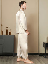 [Tan] SilkSilky-NL Pure Silk Lange Mouw Revers Heren Pyjama Set 004