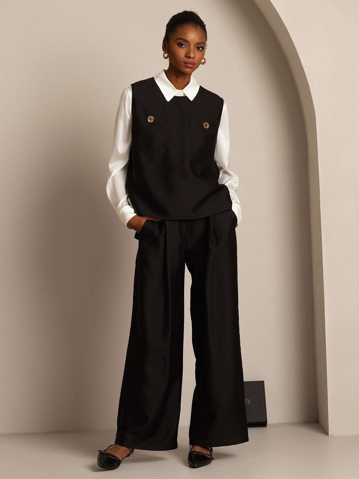 [Zwart] SilkSilky-NL 32Momme Silk-Wool Blend Womens Vest 003,