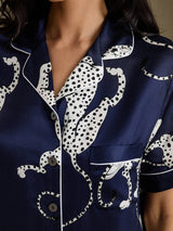 [Marineblauwe Jachtluipaard] SilkSilky-NL Short Sleeve Notch Collar Dames Pyjama Set 006