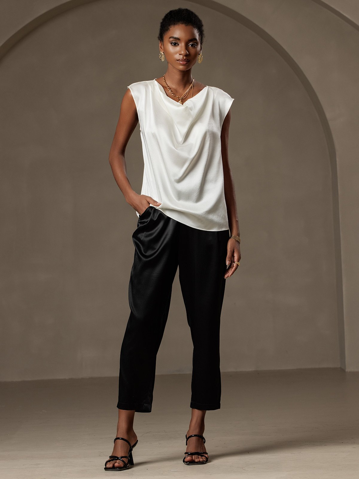 [Wit] SilkSilky-NL 19Momme Zijde Mouwloos Cowl Hals Dames T-Shirt 004