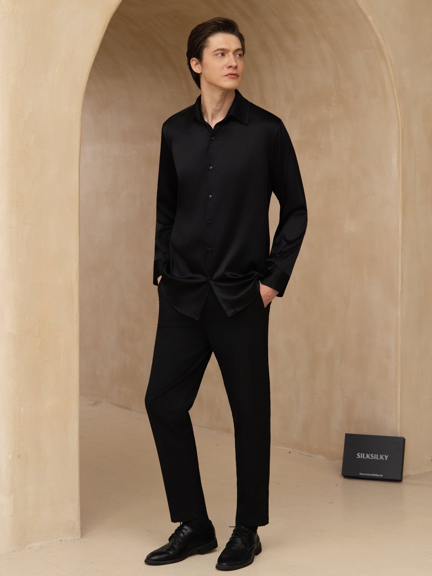 [Zwart] SilkSilky-NL 19Momme Lange Mouw Reverskraag Heren Shirt 007