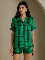 [Groen Geruit] SilkSilky-NL Short Sleeve Notch Collar Dames Pyjama Set 001