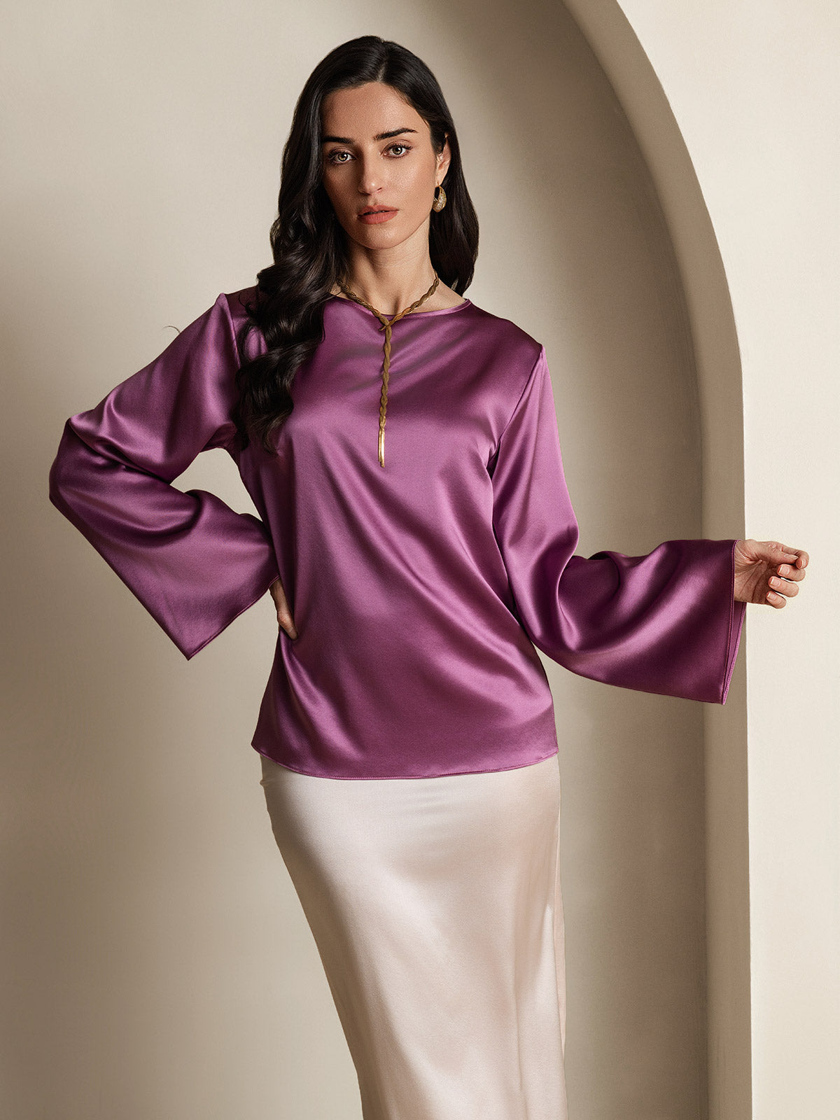 [Donkerpaars] SilkSilky-NL 19Momme Zijde Ronde Hals Dames T-Shirt 003