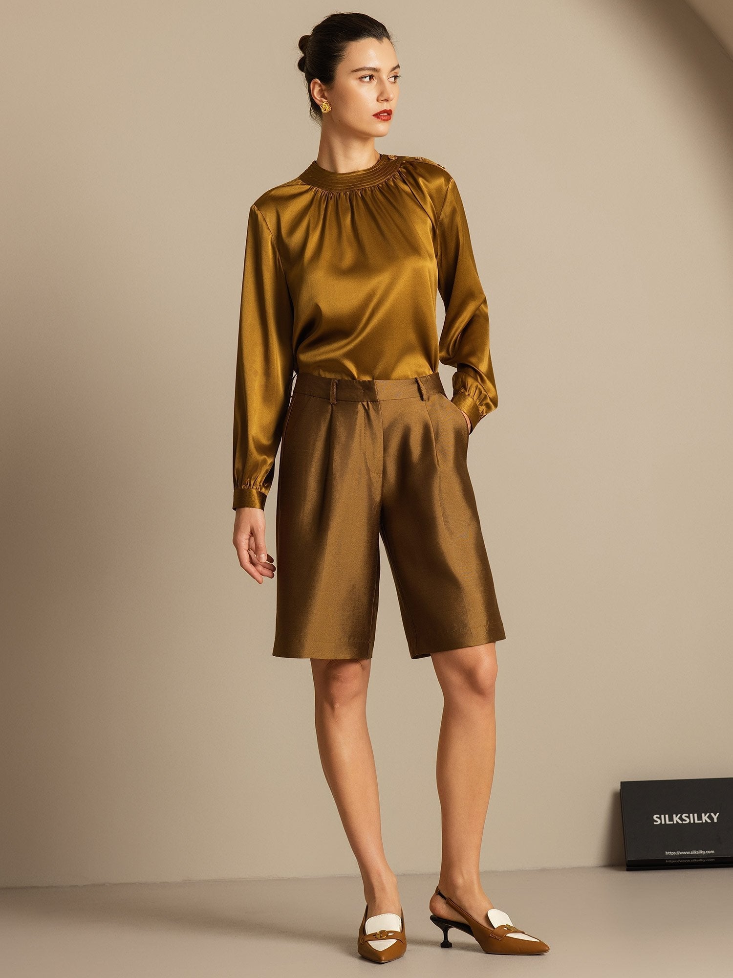 [Brons] SilkSilky-NL 32Momme Silk-Wool Blend Womens Shorts 008,