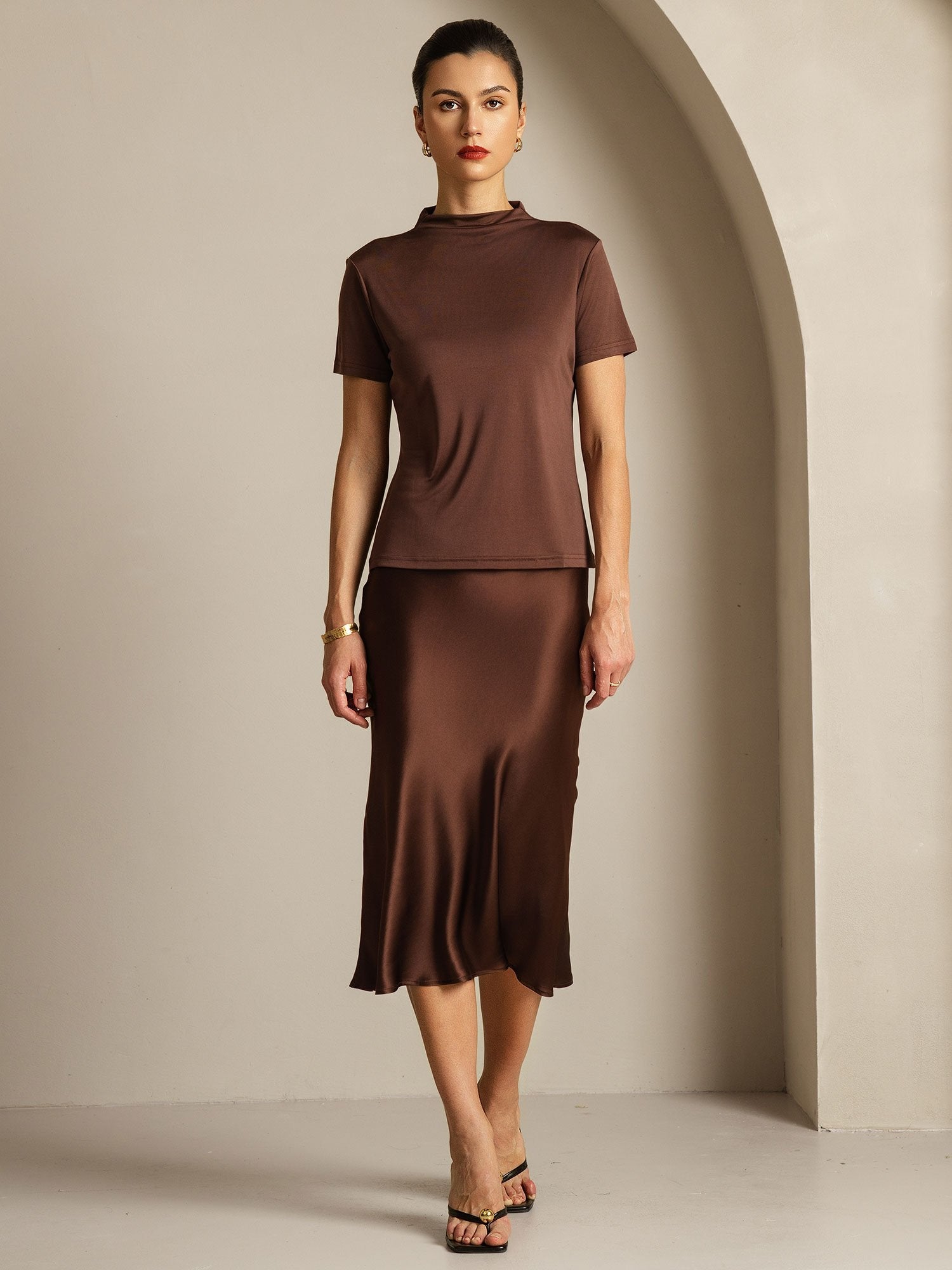 [Koffie] SilkSilky-NL Zijde Kraag Dames T-Shirt 006