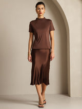 [Koffie] SilkSilky-NL 100% Silk Jersey Short Sleeve Mock Neck Dames T-Shirt 006