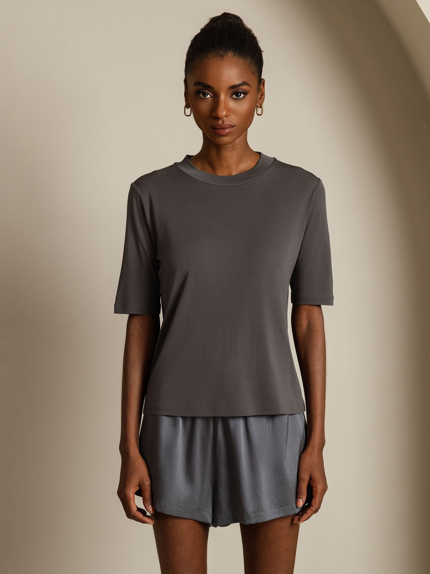 [Grijs] SilkSilky-NL Zijde Ronde Hals Dames T-Shirt 003