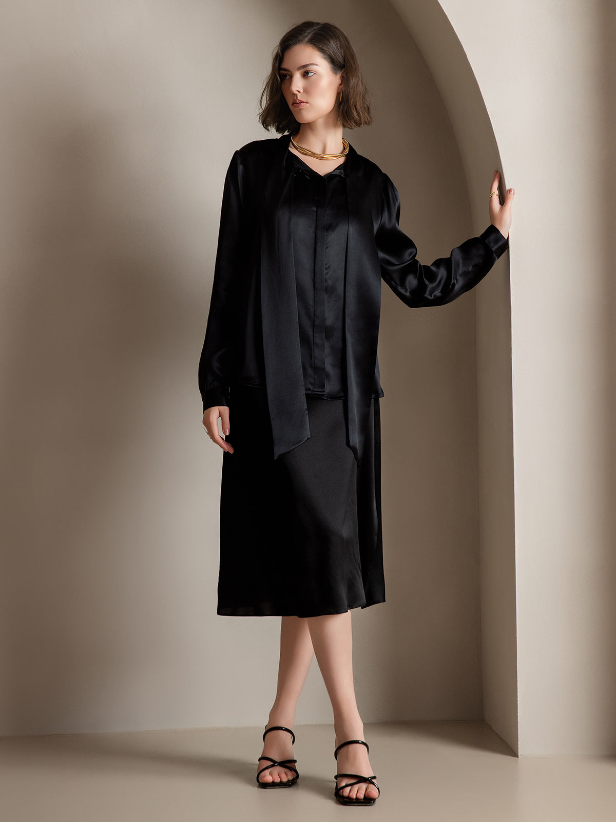 [Zwart] SilkSilky-NL 19Momme Zijde Lange Mouw Binda Hals Dames Blouse 007