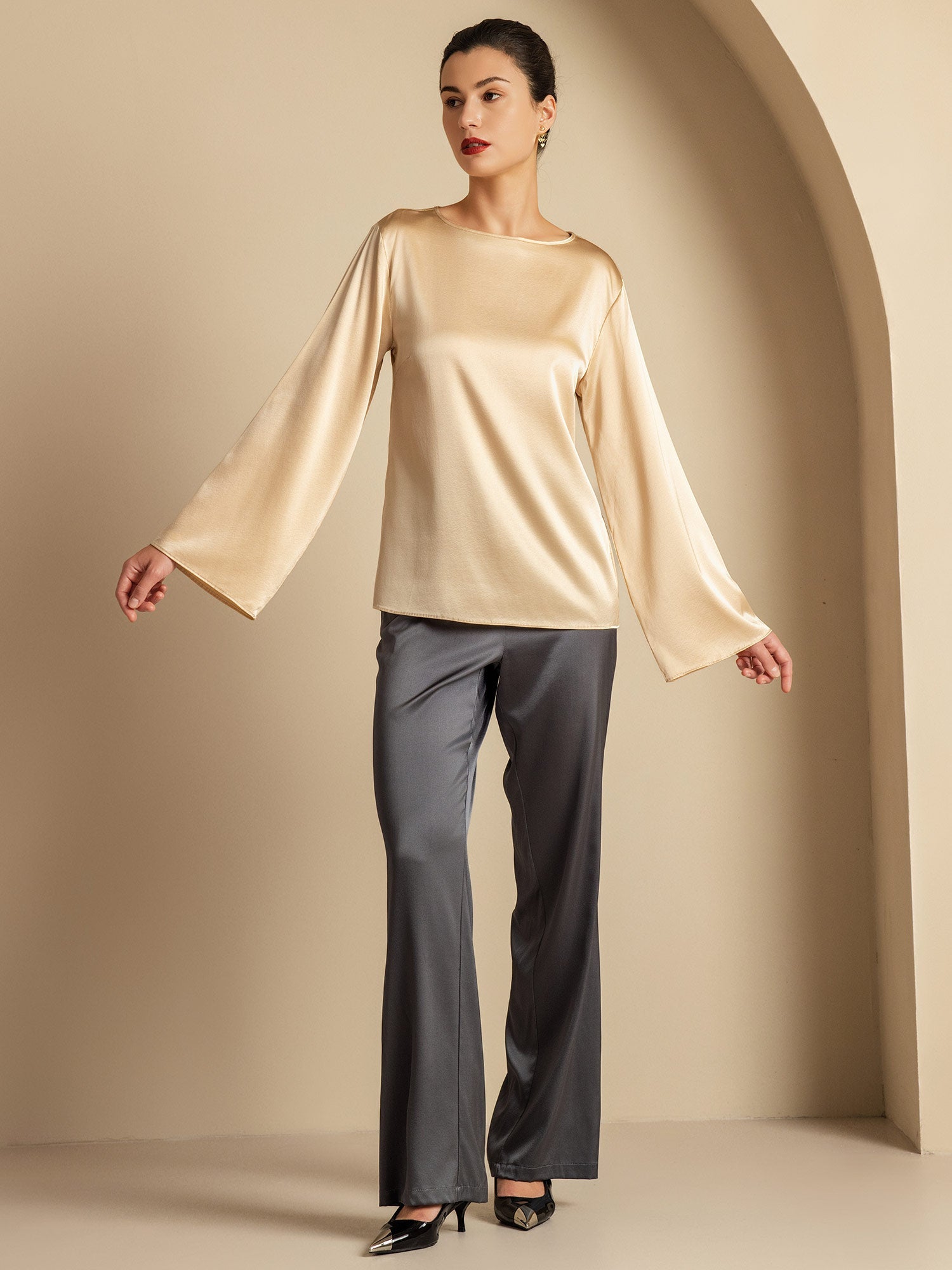 [Champagne] SilkSilky-NL 19Momme Zijde Ronde Hals Dames T-Shirt 008,