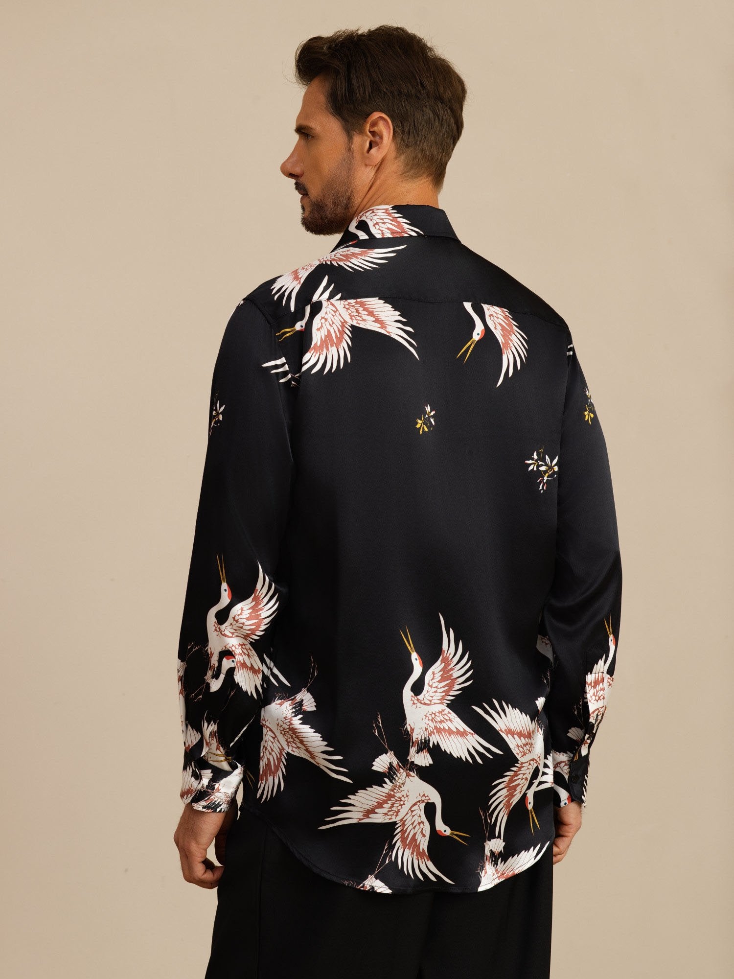 [Zwart] SilkSilky-NL 19Momme Lange Mouw Reverskraag Heren Shirt 002