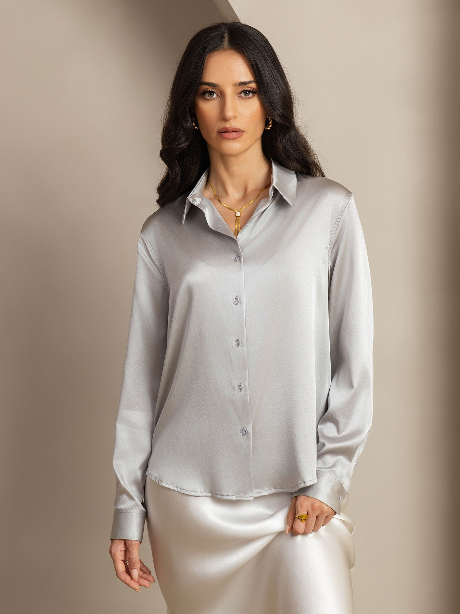 [Lichtgrijs] SilkSilky-NL Zijde Kraag Dames Blouse 001