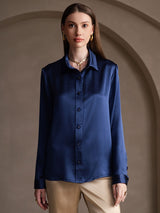 [Donkerblauw] SilkSilky-NL 19Momme Lange Mouw Reverskraag Dames Blouse 001