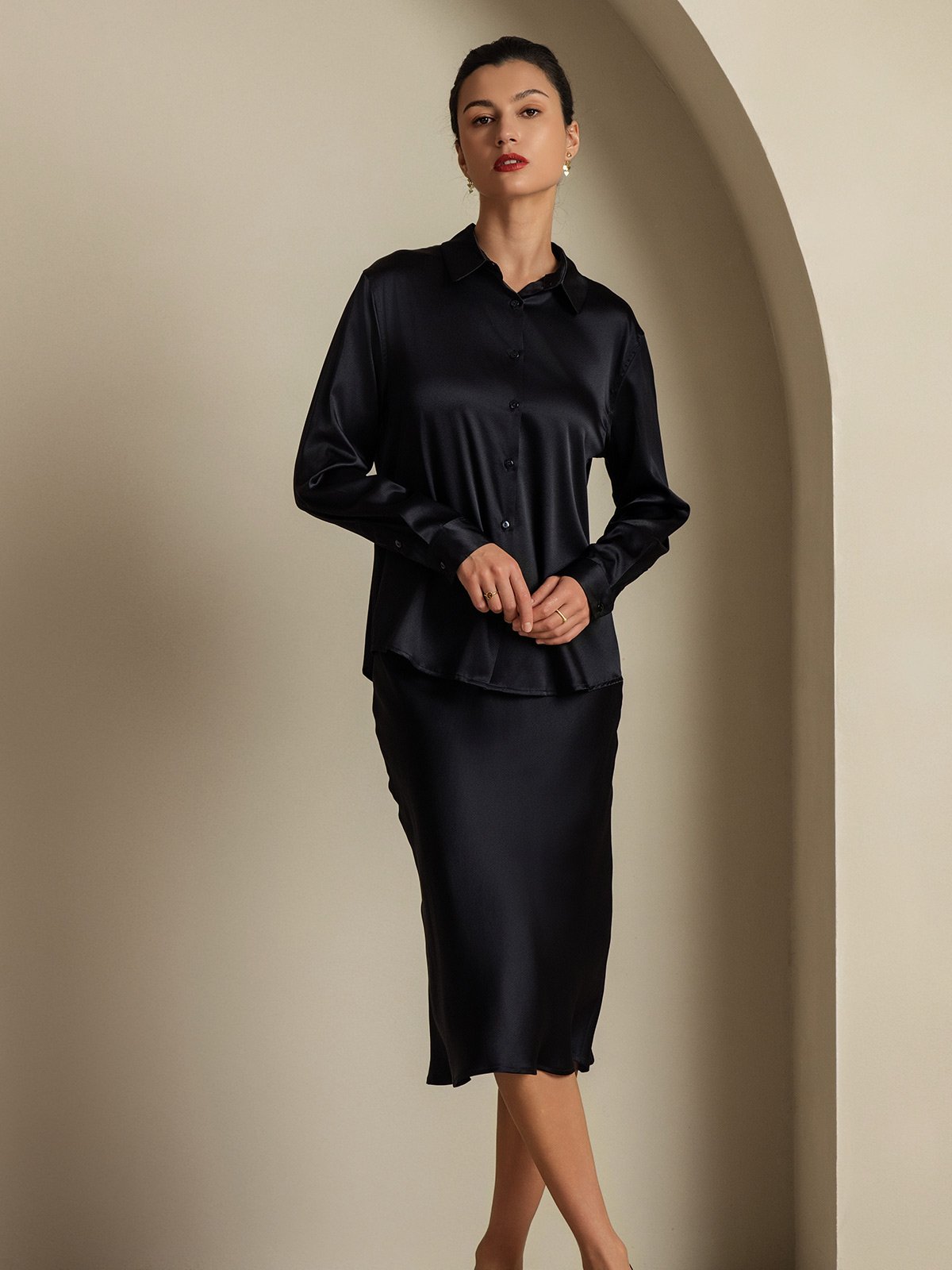 [Zwart] SilkSilky-NL 19Momme Zijde Kraag Women''s Outfit Sets 007