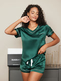 SilkSilky NL Pure Silk Korte Mouw V Hals Dames Pyjama Set Groen 002