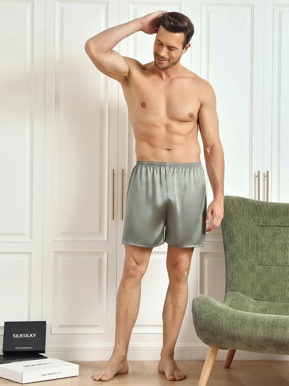 [Grijsachtig Groen] SilkSilky-NL 19Momme Mens Sleep Bottoms 005