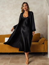 [Zwart] SilkSilky-NL Long Sleeve V Neck Nachthemd&Kamerjas Set 001