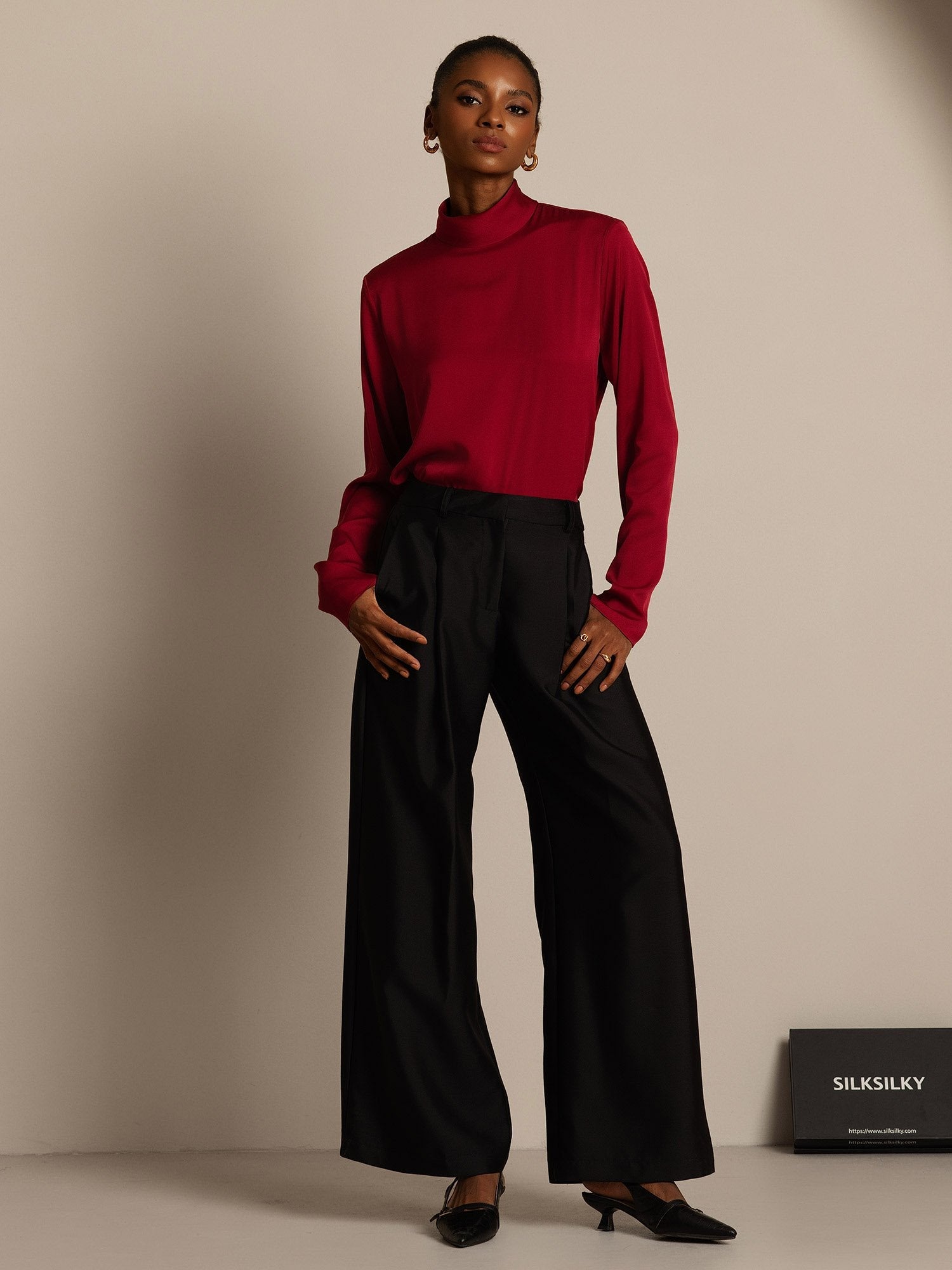 [Zwart] SilkSilky-NL 32Momme Silk-Wool Blend Womens Pants 005,