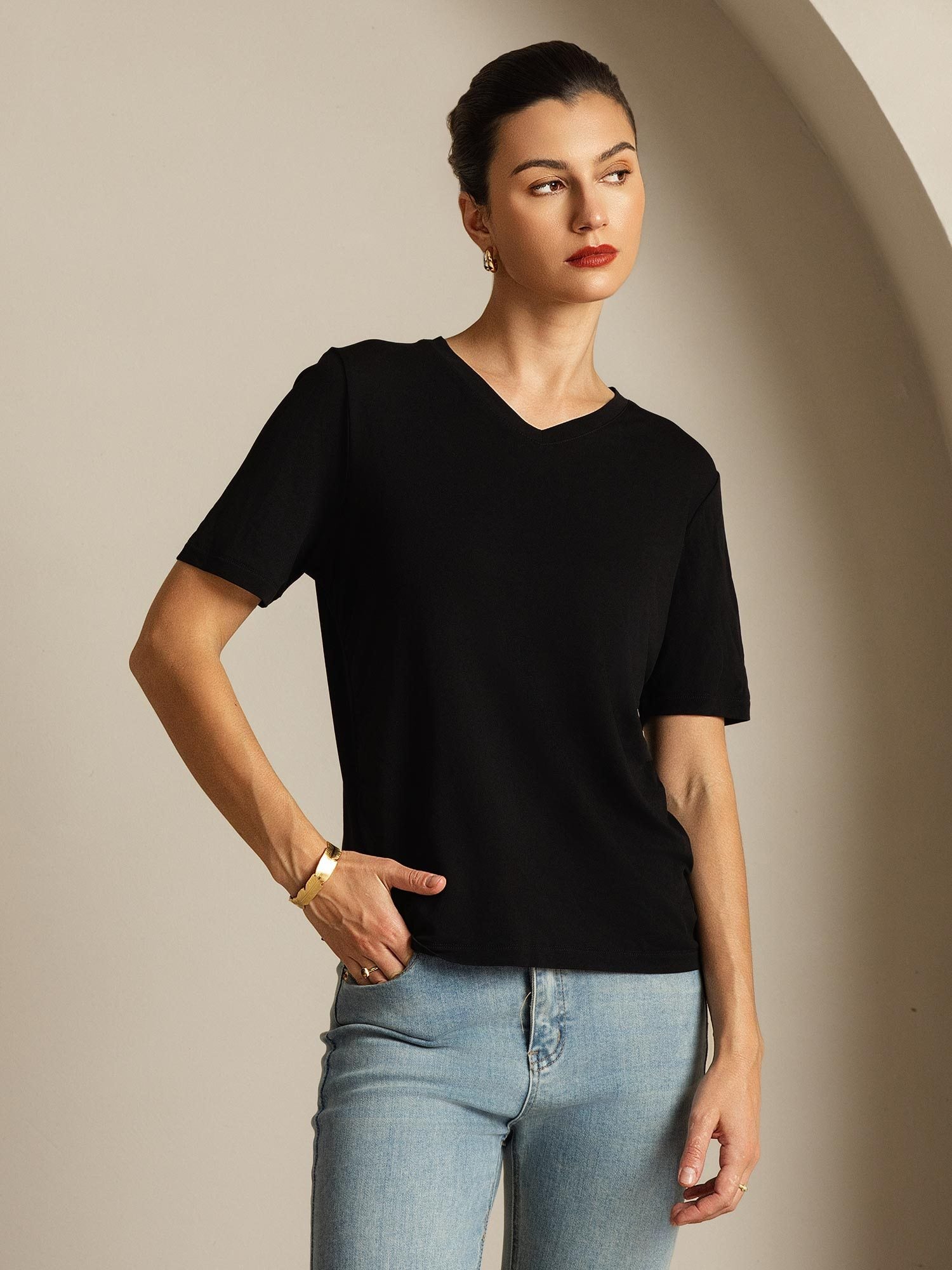 [Zwart] SilkSilky-NL Zijde Womens T-Shirt 007