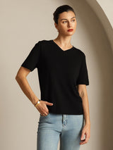 [Zwart] SilkSilky-NL Korte Mouw V Hals Dames T-Shirt 007