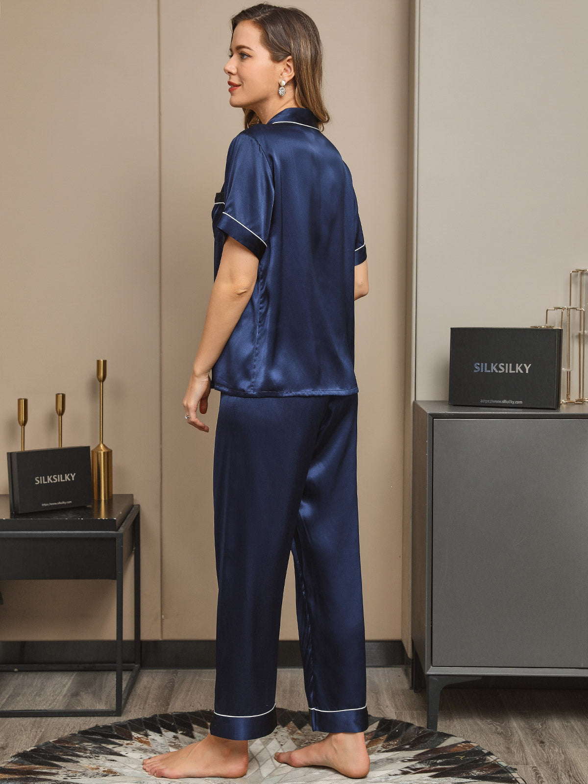 [Donkerblauw] SilkSilky-NL Pure Silk Korte Mouw Revers Dames Pyjama Set 002