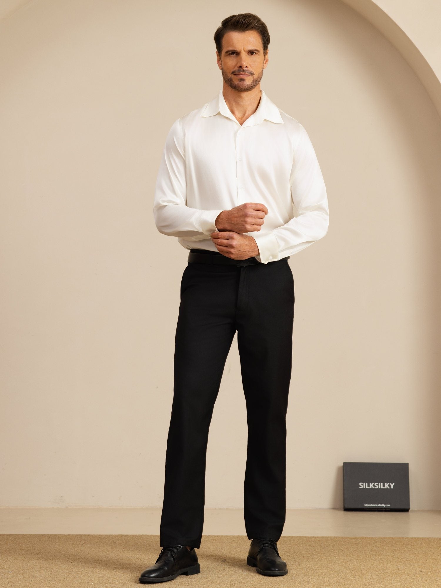 [Wit] SilkSilky-NL 19Momme Lange Mouw Reverskraag Heren Shirt 008