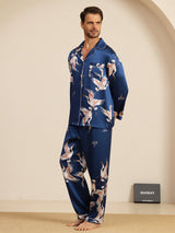 [Donkerblauw] SilkSilky-NL Long Sleeve Notch Collar Heren Pyjama Set 005
