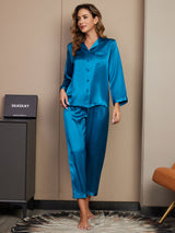 [Koningsblauw] SilkSilky-NL Long Sleeve Lapel Collar Dames Pyjama Set 001