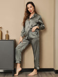 SilkSilky NL Pure Silk Lange Mouw Revers Dames Pyjama Set GrijsachtigGroen 005