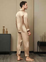 [Champagne] SilkSilky-NL Pure Silk Lange Mouw Revers Heren Pyjama Set 002