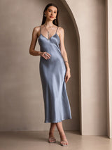 [Grijsachtig Blauw] SilkSilky-NL Spaghetti Bandjes V Hals Jurk 004