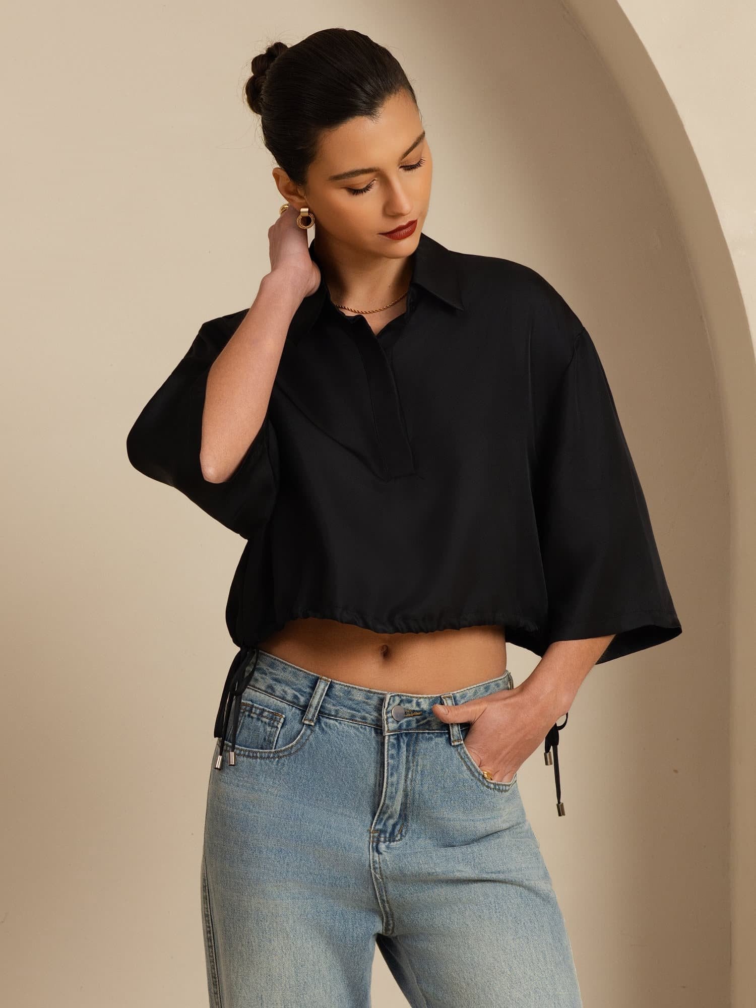 [Zwart] SilkSilky-NL 18Momme Halve Mouw Reverskraag Blouse 005